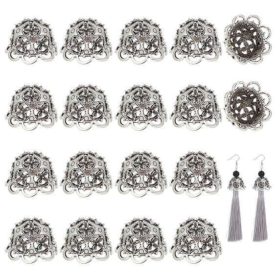 24Pcs Tibetan Style Alloy Bead Caps, Hollow Flower