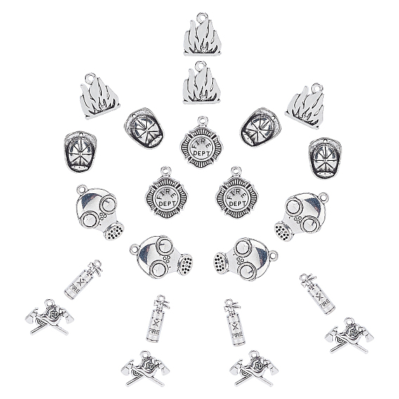 24Pcs 6 Styles Tibetan Style Alloy Pendants, Flame & Fire & Flat Round & Axe & Mask & Fire Hat