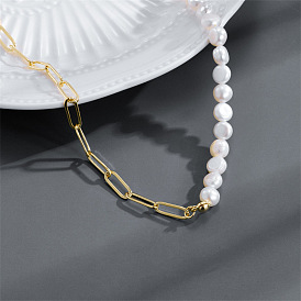 Delicate 14K Gold-Plated Copper French Clavicle Chain with Freshwater Pearl Necklace and Chic Paperclip Closure
