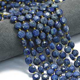 Нитки бусины из натурального ляписа-лазури, граненый шестиугольный разрез, плоско-круглые, с бисером