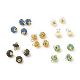 Natural & Dyed Lava Rock Charms, Flat Round, with Brass Loops and Alloy Daisy Spacer Beads, Golden