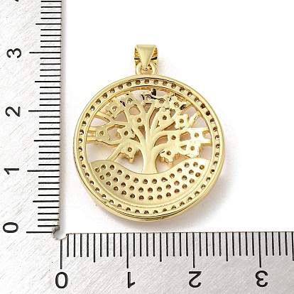 Rack Plating Brass Micro Pave Cubic Zirconia Pendants, Long-Lasting Plated, Lead Free & Cadmium Free, Flat Round with Tree Charms