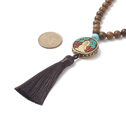 Collier bouddhiste indonésie, Collier pendentif pompon en polyester avec chaînes de perles en bois et pierres précieuses mélangées pour femme