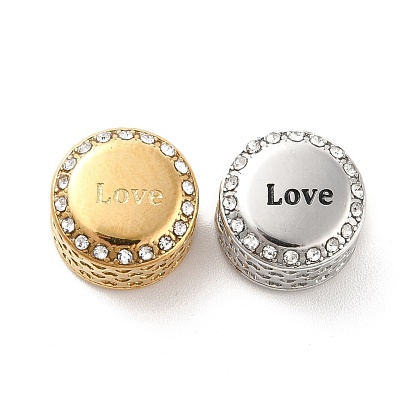 304 Stainless Steel European Beads, with Enamel & Rhinestone, Large Hole Beads, Golden & Stainless Steel Color, Flat Round with Word Love