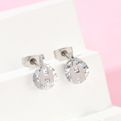 304 Серьги-гвоздики из нержавеющей стали с прозрачным фианитом и микропаве, плоско-круглые