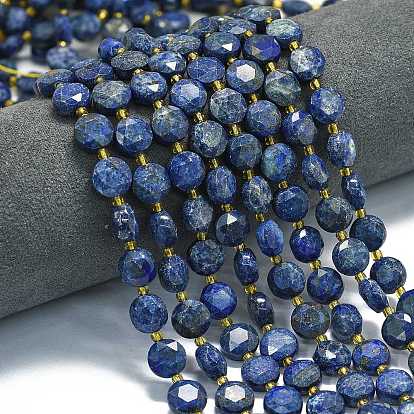 Нитки бусины из натурального ляписа-лазури, граненый шестиугольный разрез, плоско-круглые, с бисером