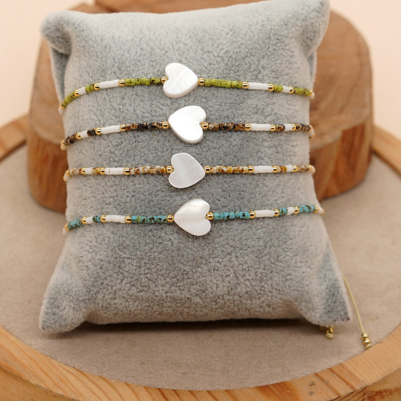 Винтажные браслеты из плетеного бисера, натурального ракушечного и латунного бусин., плетеные браслеты из полиэфирного шнура для женщин, сердце