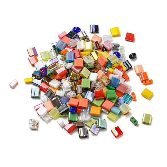 2-Hole Glass Seed Beads, Antique Style/Opaque Spray Painted/Transparent Style, Square