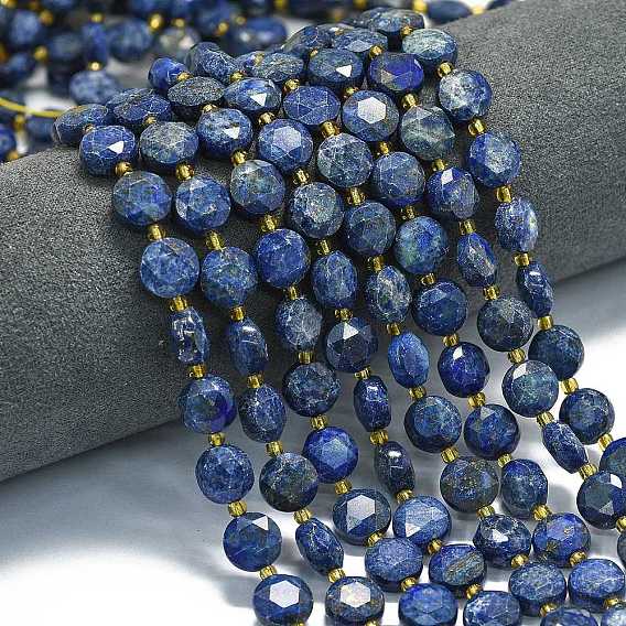 Нитки бусины из натурального ляписа-лазури, граненый шестиугольный разрез, плоско-круглые, с бисером
