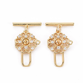 Brass Micro Pave Clear Cubic Zirconia Peg Bails Toggle Clasps, for Half Drilled Bead, Nickel Free, Flower & Bar
