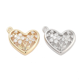 Brass Pave Clear Cubic Zirconia Pendants, Heart with Flower