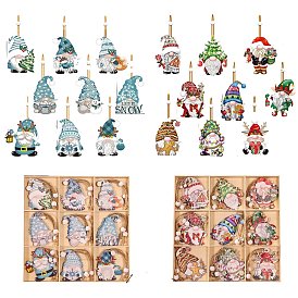 Christmas Theme Printed Wood Gnome Pendant Decorations, with Wood Beads and Hemp Cord Christmas Tree Hanging Decorations