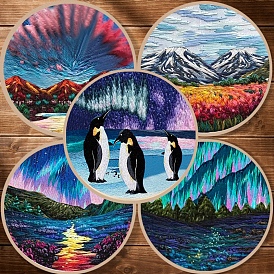 Kits de bordado diy con patrón de montaña/flor/pingüino para principiantes, incluyendo tela estampada, hilo de bordar y agujas y aro, enhebrador, instrucción