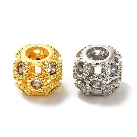 Hollow Cube Brass Micro Pave Cubic Zirconia European Beads, Large Hole Beads, Long-Lasting Plated, Cadmium Free & Lead Free