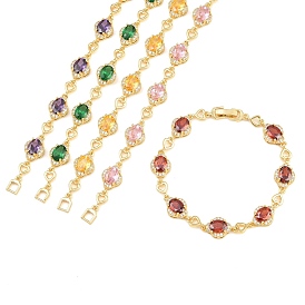 Armbänder aus Messing mit Zirkonia-Pavé-Herzblumen-Gliederkette für Damen, Gestell, langlebig überzogen, cadmiumfrei und bleifrei, echt 18 k vergoldet