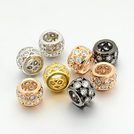 Hollow Brass Micro Pave Cubic Zirconia Large Hole Beads, Rondelle, Cadmium Free & Lead Free, Clear, 7x10mm, Hole: 6mm