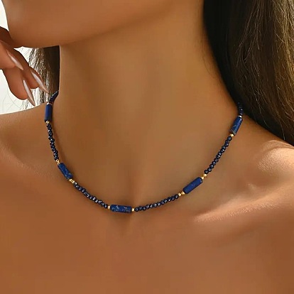 Dyed Natural Imperial Jasper Column and Glass Beaded Necklaces for Women, Golden