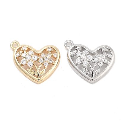 Подвески из латуни с прозрачным фианитом, без кадмия, без никеля и без свинца, Сердце со цветками 