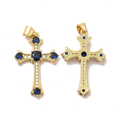 Rack Plating Brass Micro Pave Cubic Zirconia Pendants, Long-Lasting Plated, Lead Free & Cadmium Free, Cross Charm, Real 18K Gold Plated