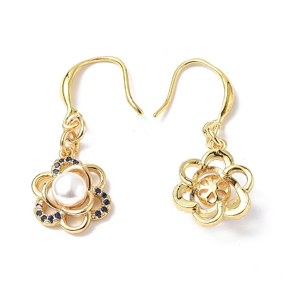 Natural Pearl Beaded Flower Dangle Earrings with Cubic Zirconia, Rack Plating Brass for Women
