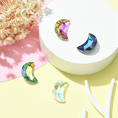 4Pcs 4 Colors Electroplated Glass Pendants, Silver Plated Bottom, Faceted, Crescent Moon Charms