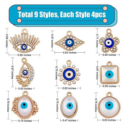 36Pcs 9 Style Alloy Enamel Pendants, with Rhinestone & Resin Imitation Cat Eye Cabochons, Mix-shaped