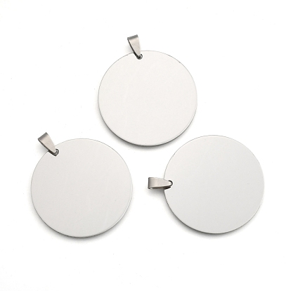 201 Stainless Steel Flat Round Stamping Blank Tag Pendants, with Snap on Bails, 42x42x1mm, Hole: 3mm