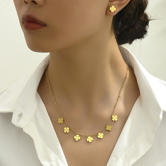 Модные комплекты из серег-гвоздиков и ожерелий с подвесками в виде клевера из нержавеющей стали для женщин