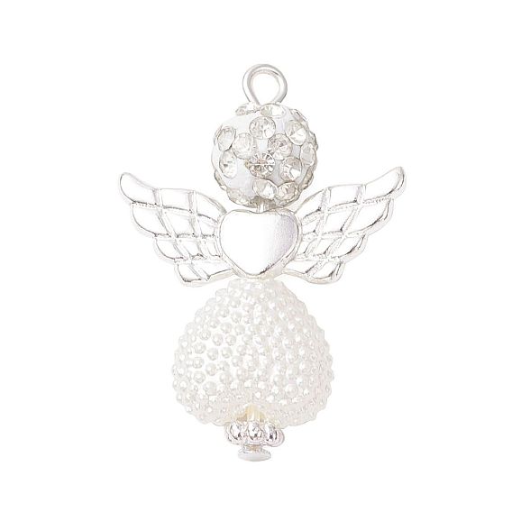 Абс пластмассовые жемчужные подвески, ангел в форме сердца, с диско-шаром, украшенным стразами, крыльями из серебряного сплава и железной петлей