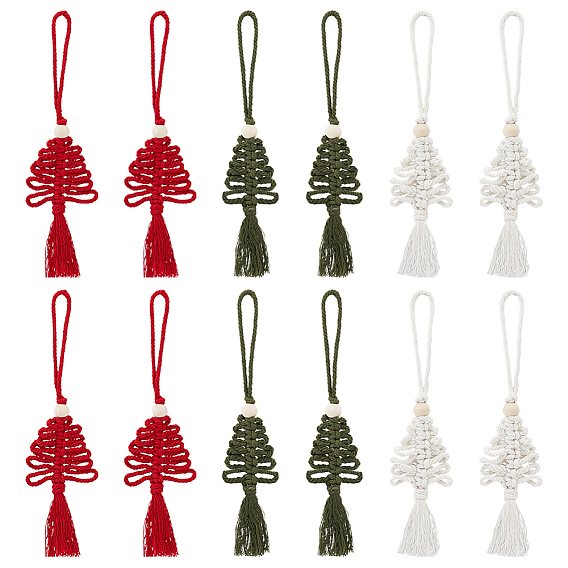 12 шт 3 стили ручная работа макраме хлопок рождественская елка подвеска украшение, с деревянных бусин, для рождественских подвесных украшений