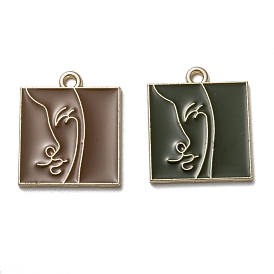 Alloy Enamel Pendants, Cadmium Free & Lead Free, Square with Woman Face Pattern, Light Gold