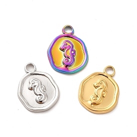 Ion Plating(IP) 304 Stainless Steel Pendants, Flat Round with Sea Horse