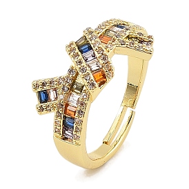 Adjustable Rack Plating Brass Micro Pave Cubic Zirconia Rings for Women, with Glass, Twist