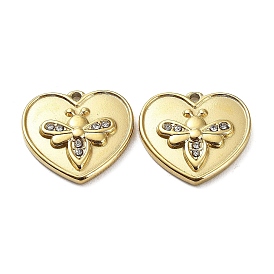 Ion Plating(IP) 304 Stainless Steel Charms, with Crystal Rhinestone, Heart with Bee Charm