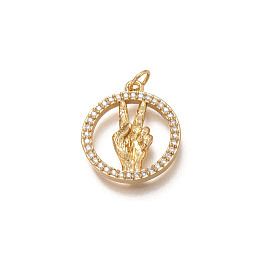Brass Micro Pave Clear Cubic Zirconia Pendants, with Jump Rings, Long-Lasting Plated, Flat Round with Victory