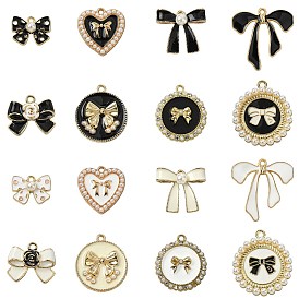 32 шт 16 стили сплава эмаль подвески, очарование бантом, без кадмия, без никеля и без свинца, с пластиковой/смоляной имитацией жемчуга и хрустальными стразами