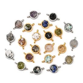 Натуральный смешанный драгоценный камень 304 плоские круглые подвески-соединители из нержавеющей стали, без кадмия и без свинца, долговечный, смешанные окрашенные и неокрашенные