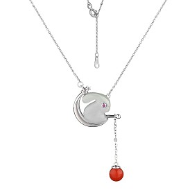 Natural Hetian White Jade Bunny with Lantern Tassel Pendant Necklace, 925 Sterling Silver Jewelry for Women