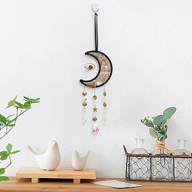 Glass Teardrop/Cone Pendant Decorations, Hanging Suncatchers, with Moon with Tree of Life Natural Citrine Chip and Brass Findings for Home Decorations