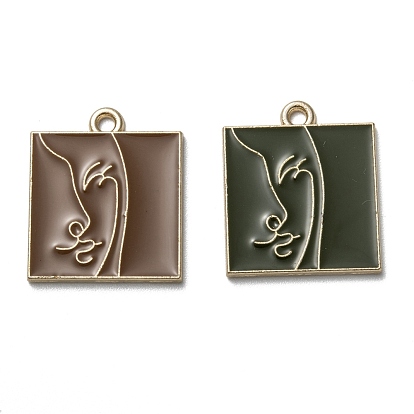Alloy Enamel Pendants, Cadmium Free & Lead Free, Square with Woman Face Pattern, Light Gold