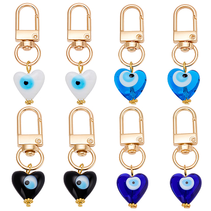 20 piezas 4 estilos corazón con ojo turco colgantes de vidrio soplado, con cierres giratorios, dorado