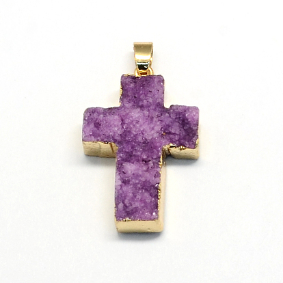 Plated  Natural  Druzy Agate Cross Pendants, with Light Gold Plated Brass Findings,34~38x23~25x7~14mm, Hole: 6x5mm