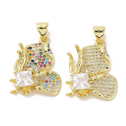 Brass Micro Pave Cubic Zirconia Pendants, Cadmium Free & Lead Free, Butterfly Charms, Real 18K Gold Plated