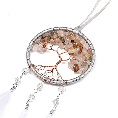 Woven Web/Net with Feather Pendant Decorations, Iron Wire Wrapped Mixed Stone Tree of Life Dangle Decorations