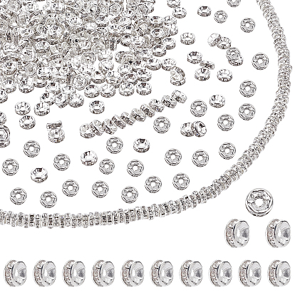 Brass Rhinestone Spacer Beads, Grade A, Straight Flange, Silver Color Plated, Rondelle