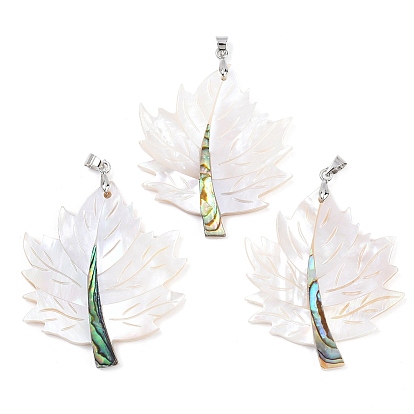 Подвески из натуральных ракушек пауа и белых ракушек, амулеты в виде листьев с латунными дужками, платина, стойки покрытие