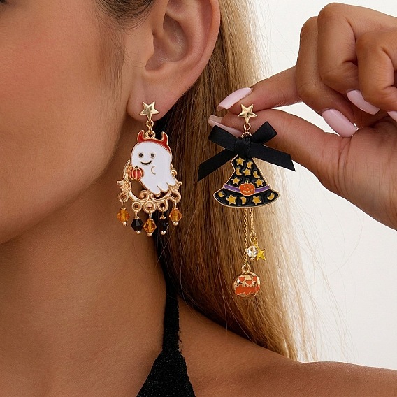 Halloween Alloy Enamel & Acrylic Dangle Earrings, Golden