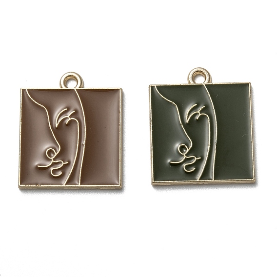 Alloy Enamel Pendants, Cadmium Free & Lead Free, Square with Woman Face Pattern, Light Gold