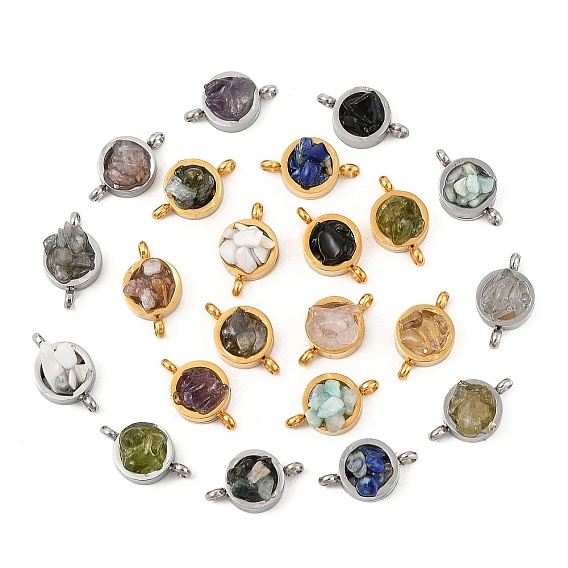 Натуральный смешанный драгоценный камень 304 плоские круглые подвески-соединители из нержавеющей стали, без кадмия и без свинца, долговечный, смешанные окрашенные и неокрашенные