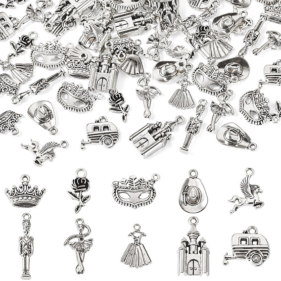 60Pcs 10 Styles Tibetan Style Alloy Pendants, Lead Free & Cadmium Free, Mixed Shape
